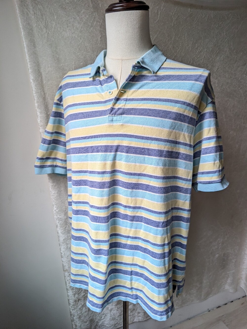 vtg Cremieux XXL Blue Striped Collared Polo Heavy Knit Short Sleeve